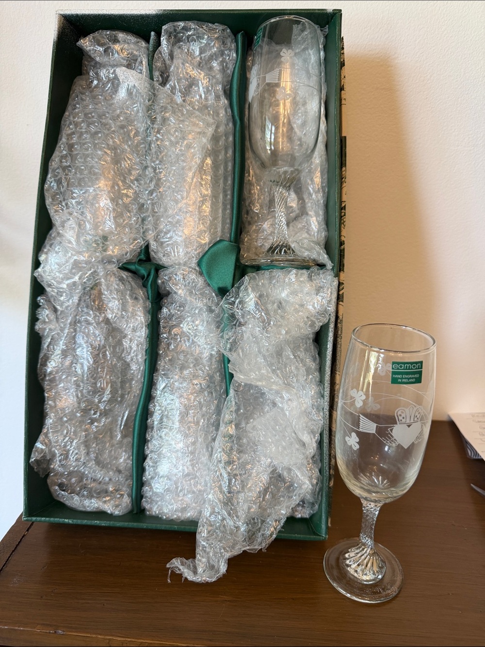 Eamon Crystal Etched Champagne Flutes - Set of 6 with Original Box